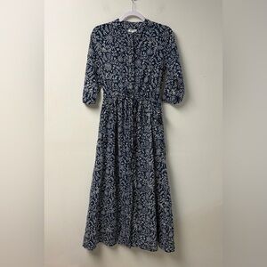 Beau & Ro RARE Floral Navy White Button Down Waist Cinch Maxi Dress Size XS